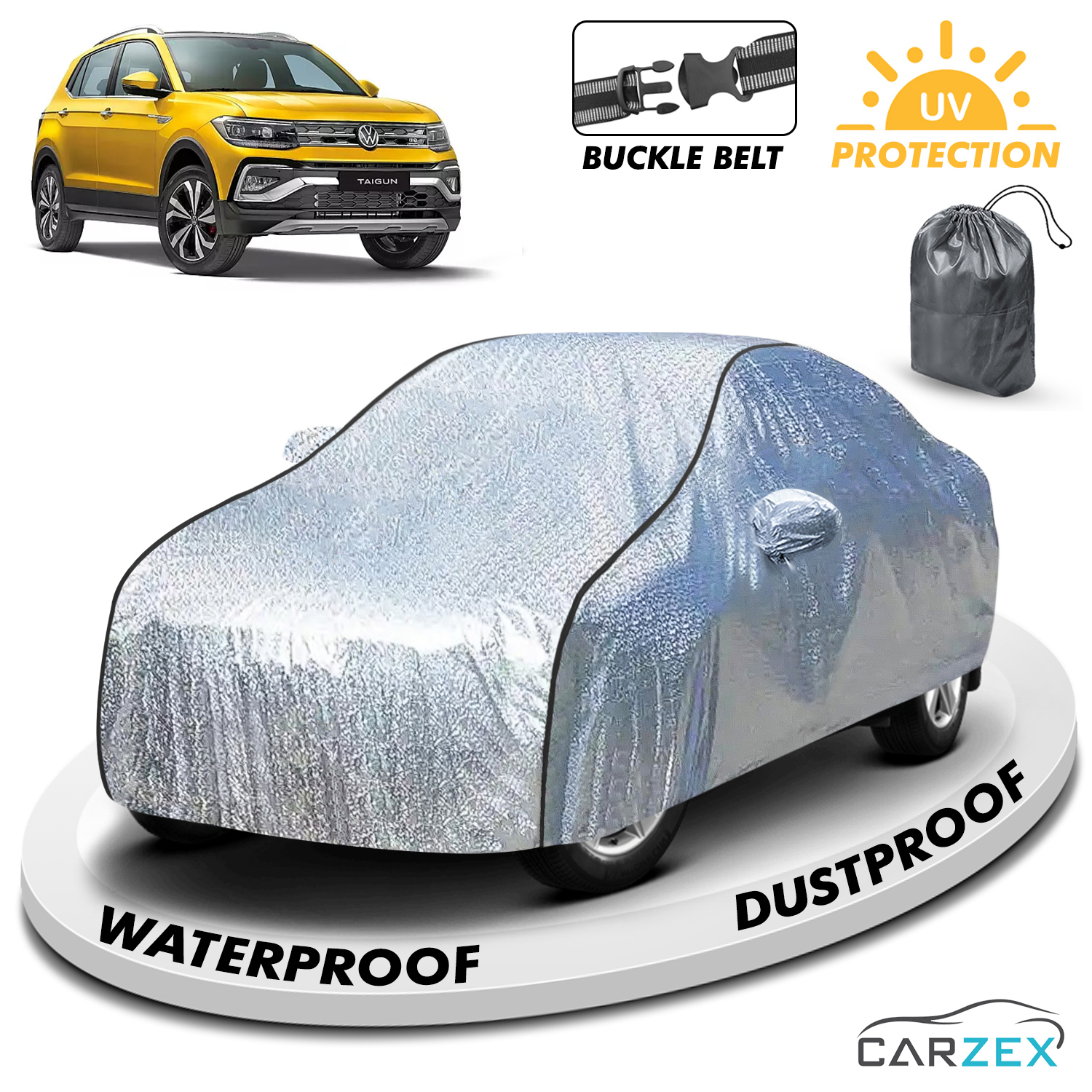 Carzex Waterproof & Heat Resistant Metallic Silver With Black Border Car Body Cover with Mirror & Antenna Pockets For Volkswagen Taigun
